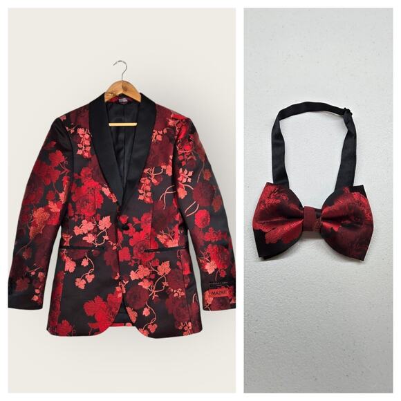 Mazari Tuxedo Jacket & Bowtie Sz S Black Red Floral Formal Holiday Evening - Picture 16 of 16